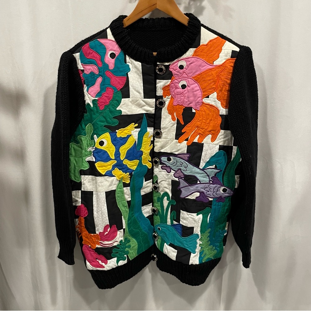 Fab fish quilted front sweater chunky button hand made oversized cardigan - Picture 4 of 12